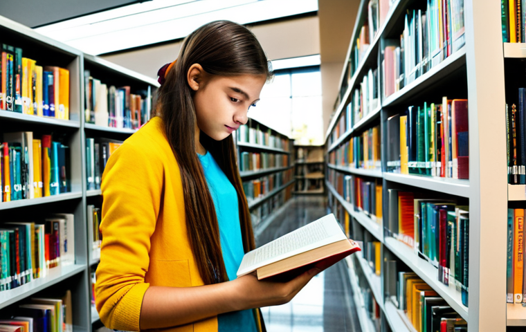 **

A teenage girl in a modest, colorful outfit, reading a book in a vibrant, modern library filled with natural light. The scene should convey a sense of curiosity and learning.  Focus on her expressive face and the details of the book cover. Add "safe for work," "appropriate content," "fully clothed," "professional," "modest," "perfect anatomy," and "natural proportions."

**