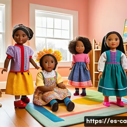 Home 33 캐리의 인형 놀이 콘텐츠 - A warm, colorful scene of diverse dolls representing various ethnic backgrounds and abilities, dress...