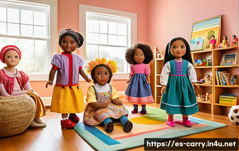 캐리의 인형 놀이 콘텐츠 - A warm, colorful scene of diverse dolls representing various ethnic backgrounds and abilities, dress...
