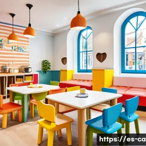Home 32 캐리의 키즈카페 테마 - A vibrant kids café play area designed as a miniature Spanish village, featuring colorful buildings ...