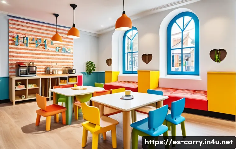 캐리의 키즈카페 테마 - A vibrant kids caf&eacute; play area designed as a miniature Spanish village, featuring colorful buildings ...