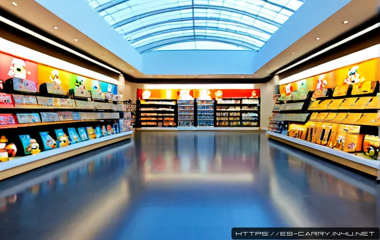 Home 17 캐리의 굿즈 시장 점유율 - Photorealistic retail market comparison scene in a bright modern Spanish shopping mall, neatly arran...